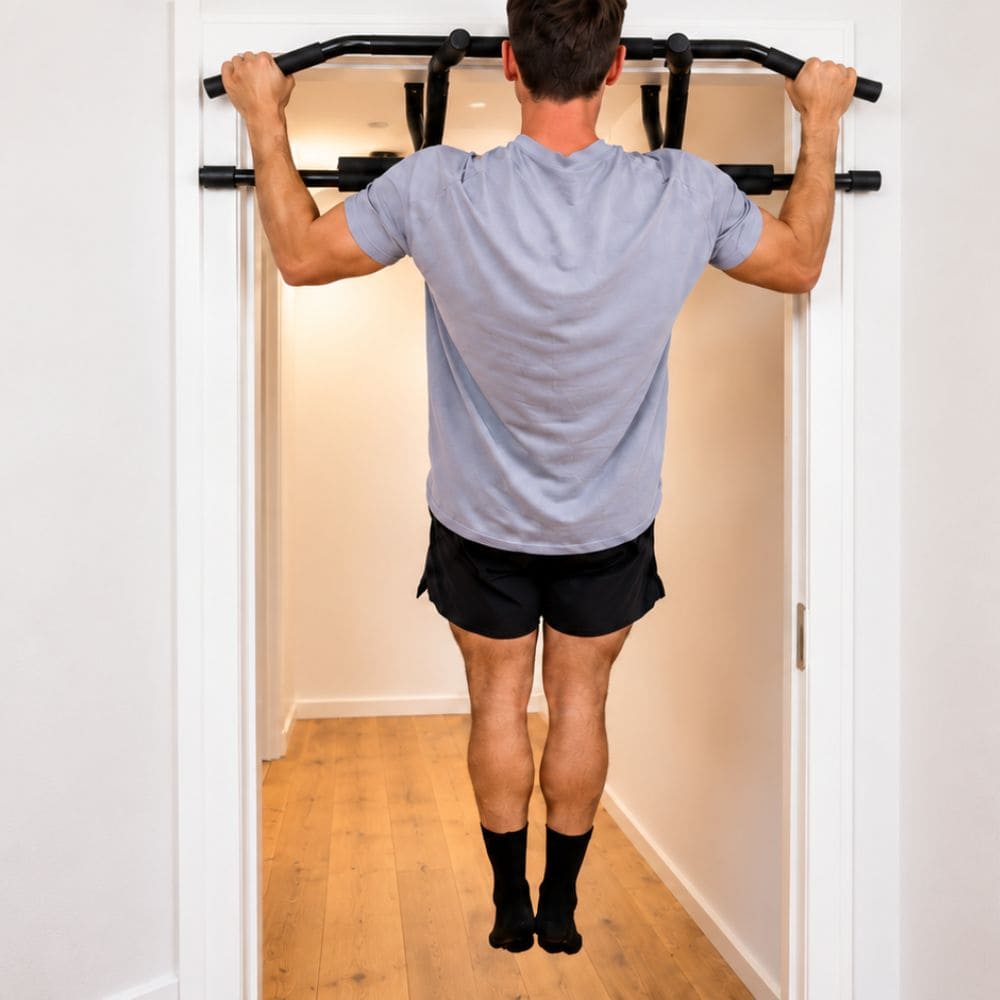 Mand laver pull-ups hjemme i en pull-up bar monteret i dørkarmen